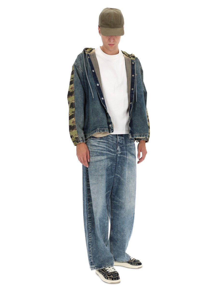 Hooded Denim Jacket with Camo Sleeves