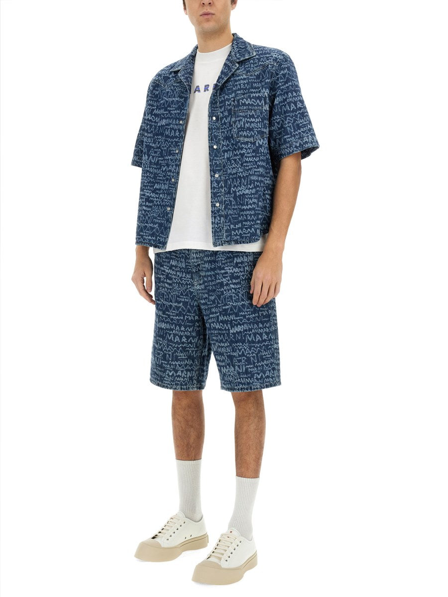 Denim Bowling Shirt with Scribble Logo Print