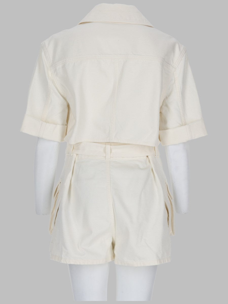 Belted Denim Jumpsuit in White