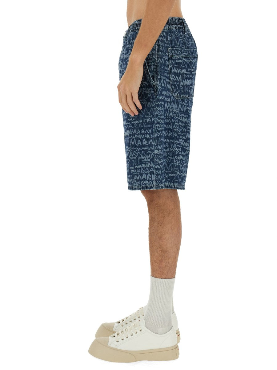 Denim Shorts with Scribble Logo Print