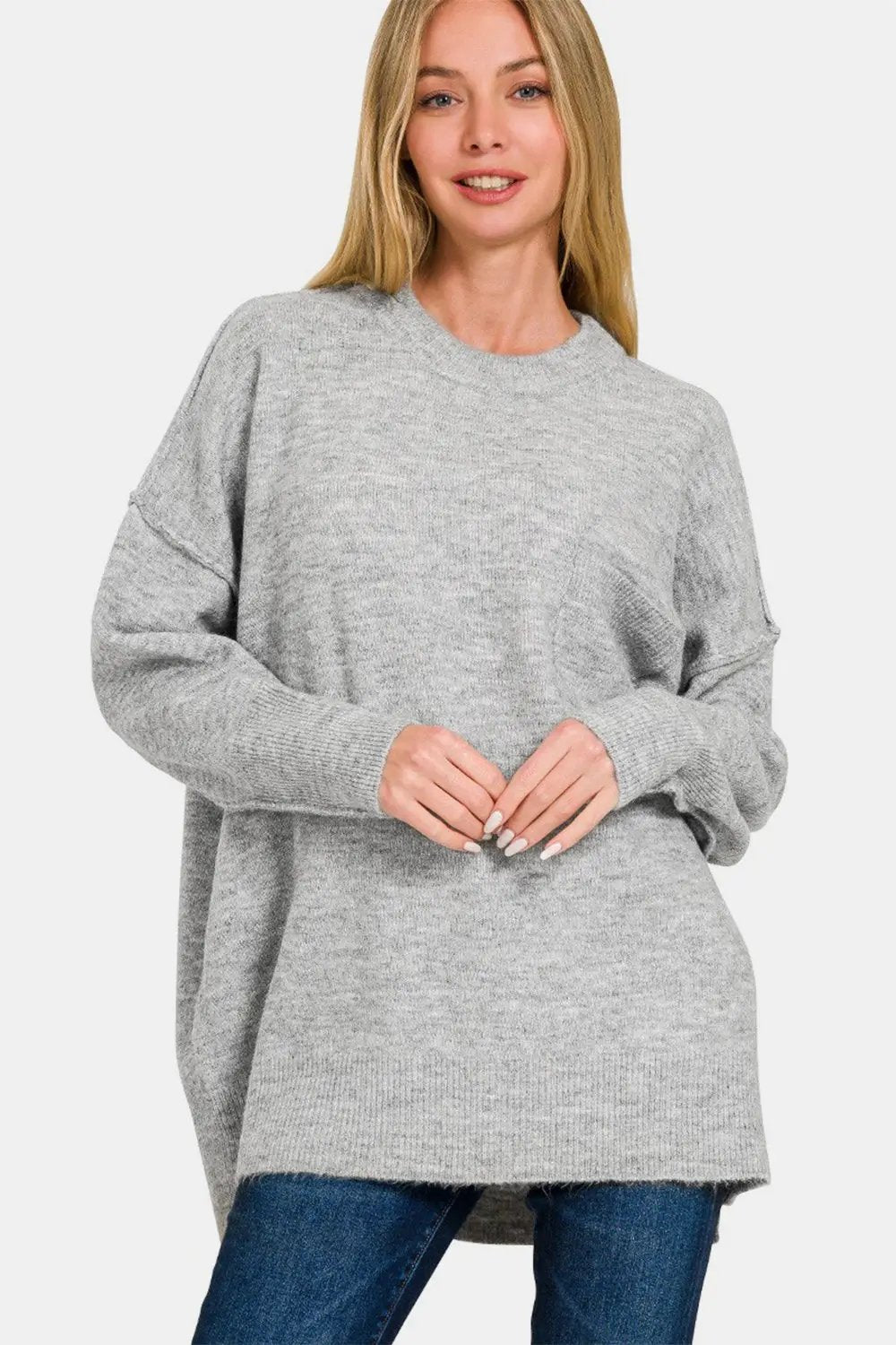 Trendsi Zenana high-low sweater with pockets