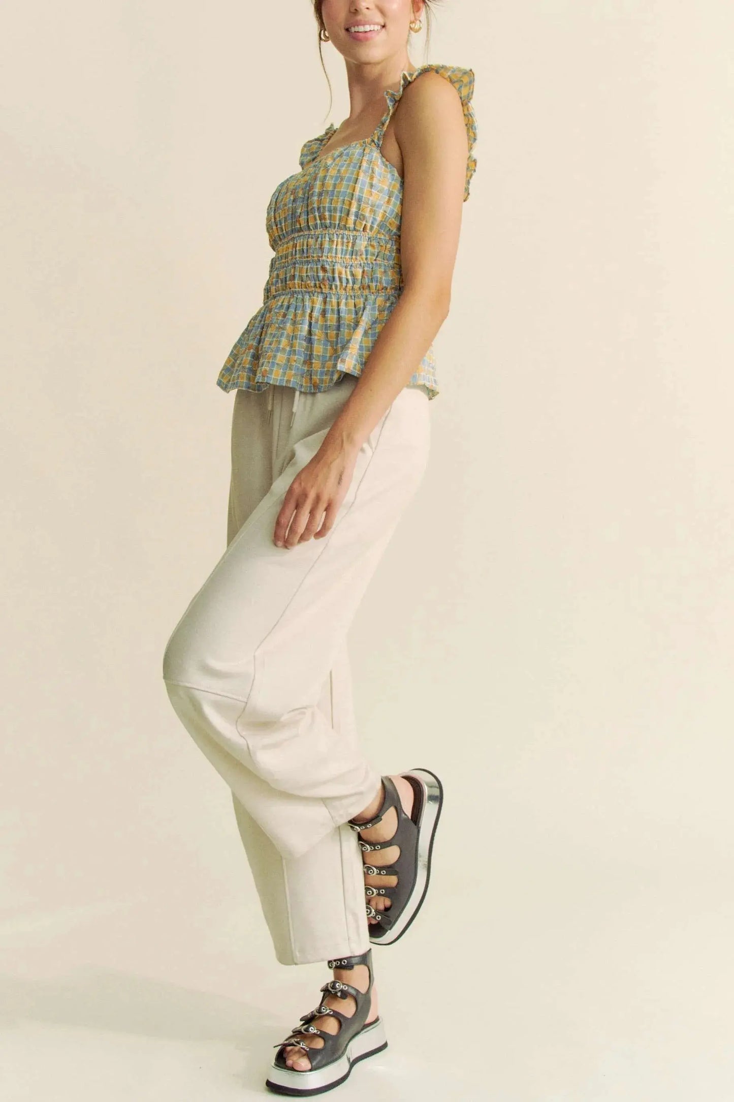 Tank Top - Plaid Smocked Ruffle Strap - Cute