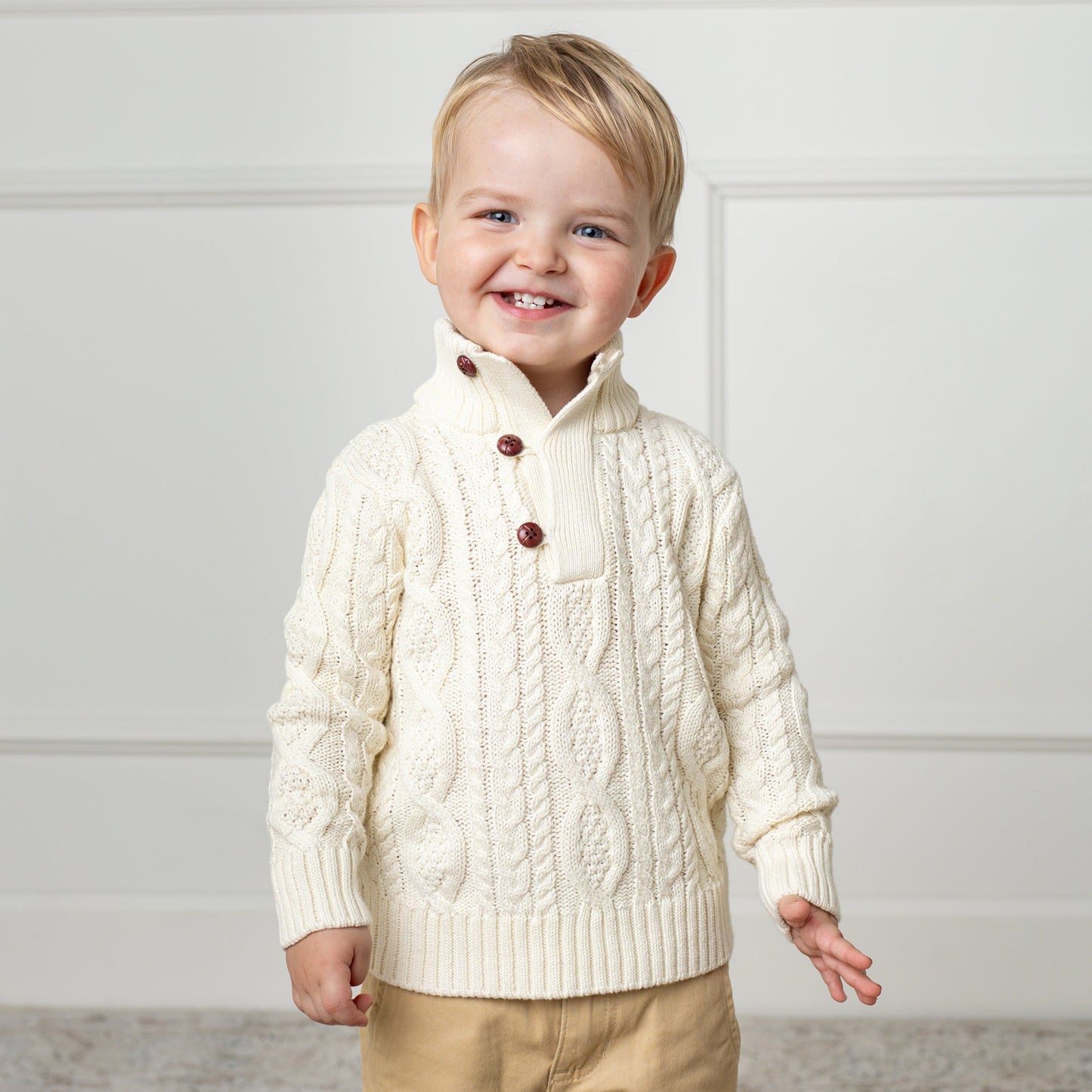 Organic Mock Neck Cable Sweater with Buttons