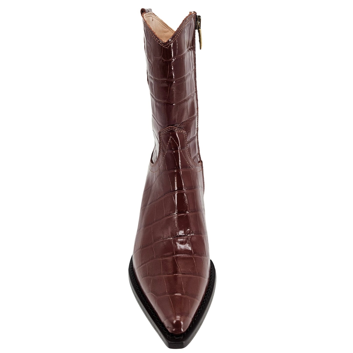 Chocolate Leather Croc Embossed Pointy Ankle Boot
