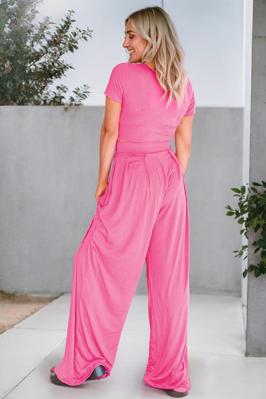 Pink Crop Top and Pleated Wide Leg Pants Set