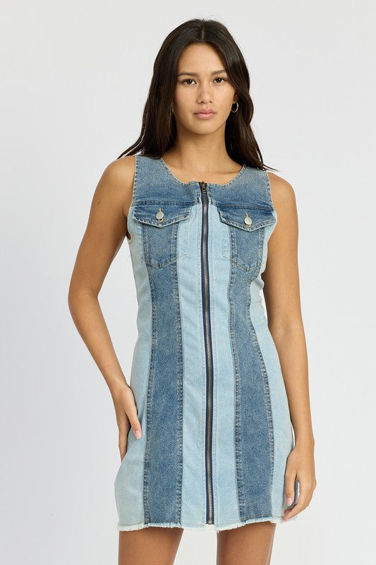 Color Block Denim Mini Dress - Denim Combo / l Color Block Denim Mini Dress - Denim Combo / l