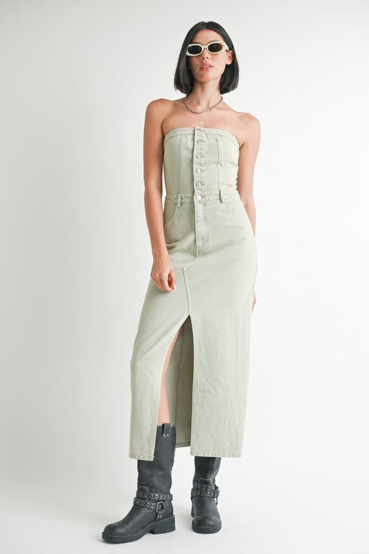 Button Up Tube Denim Dress with Slit - Washed Denim / L Button Up Tube Denim Dress with Slit - Washed Denim / L