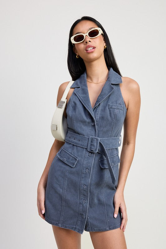 Mini Halter Collared Sleeveless Dress - Vintage Blue / l Mini Halter Collared Sleeveless Dress - Vintage Blue / l