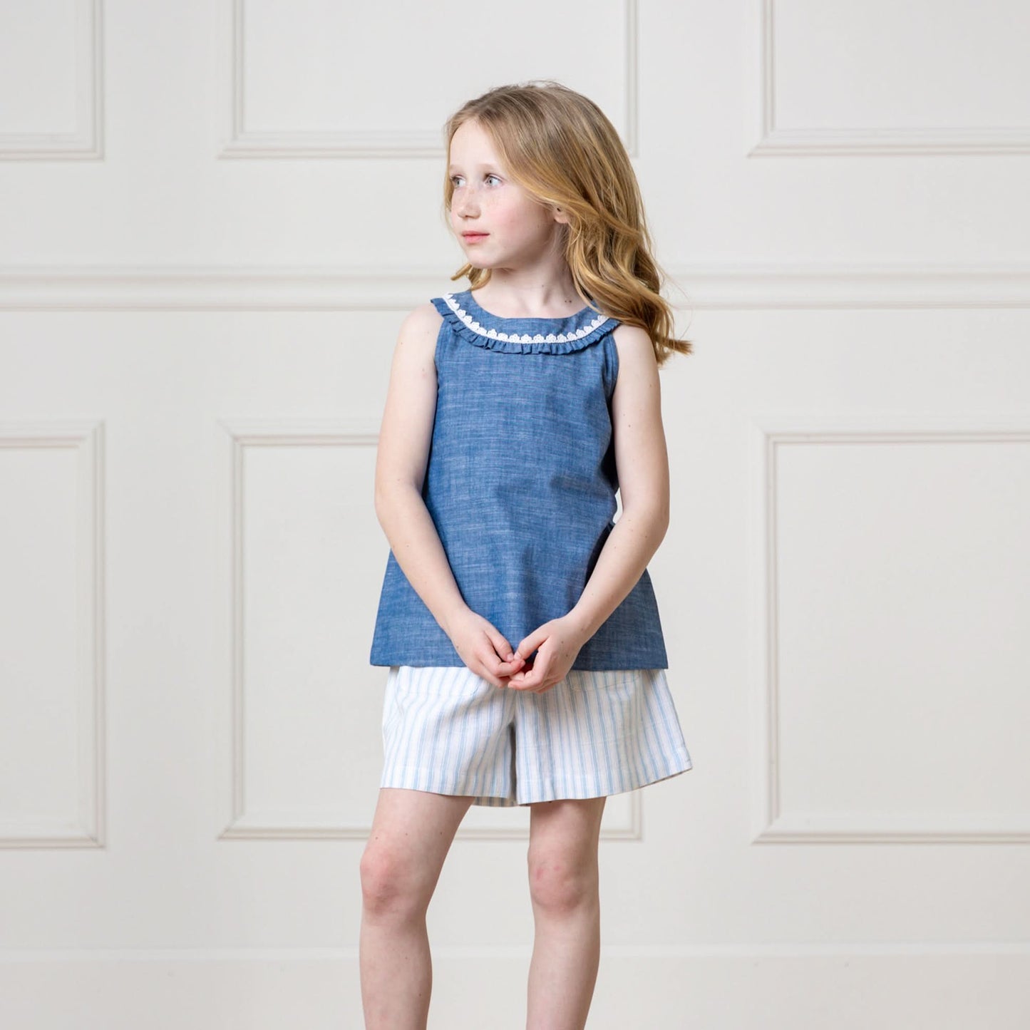 Organic Ruffle Collar Chambray Top