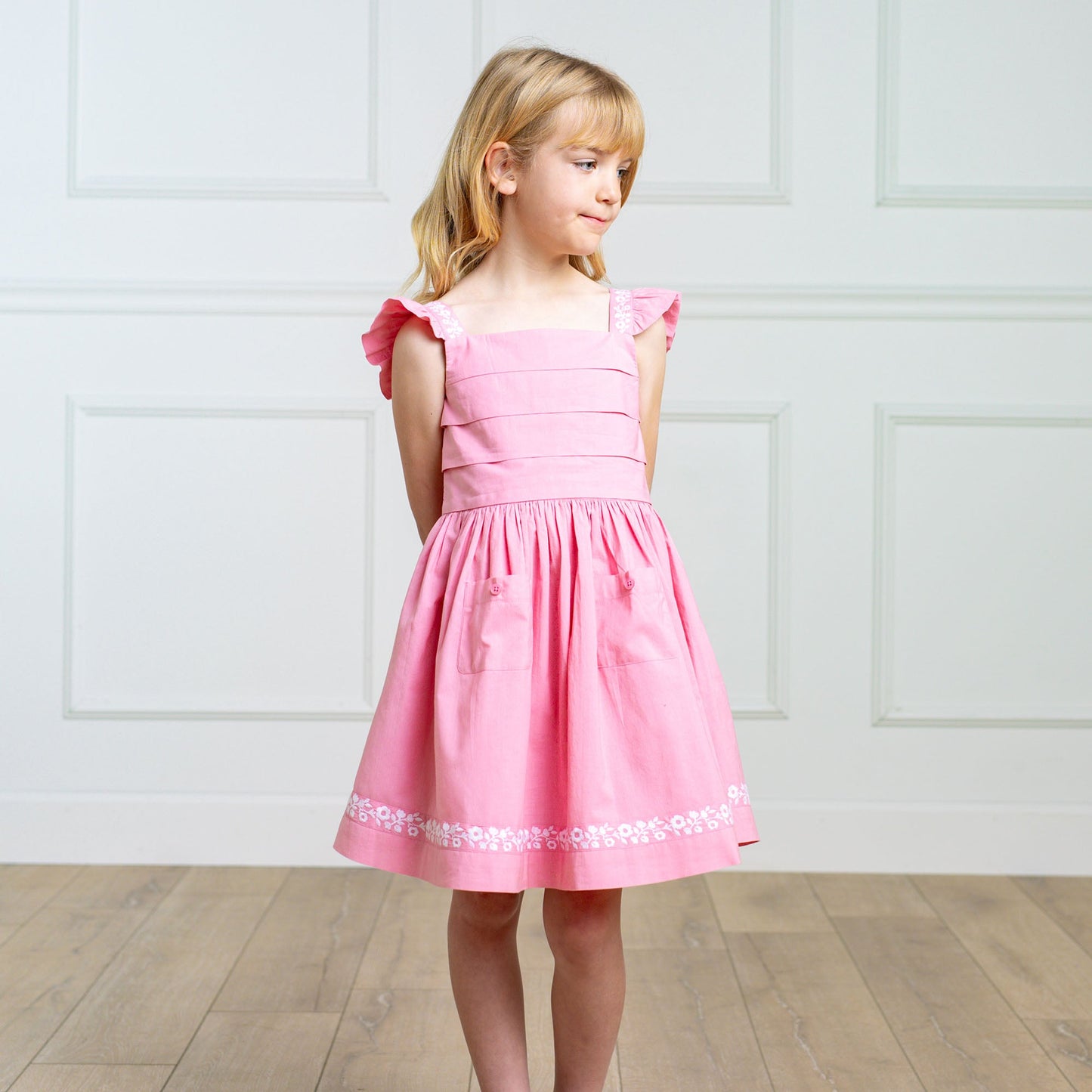 Organic Pleated Apron Dress with Embroidery