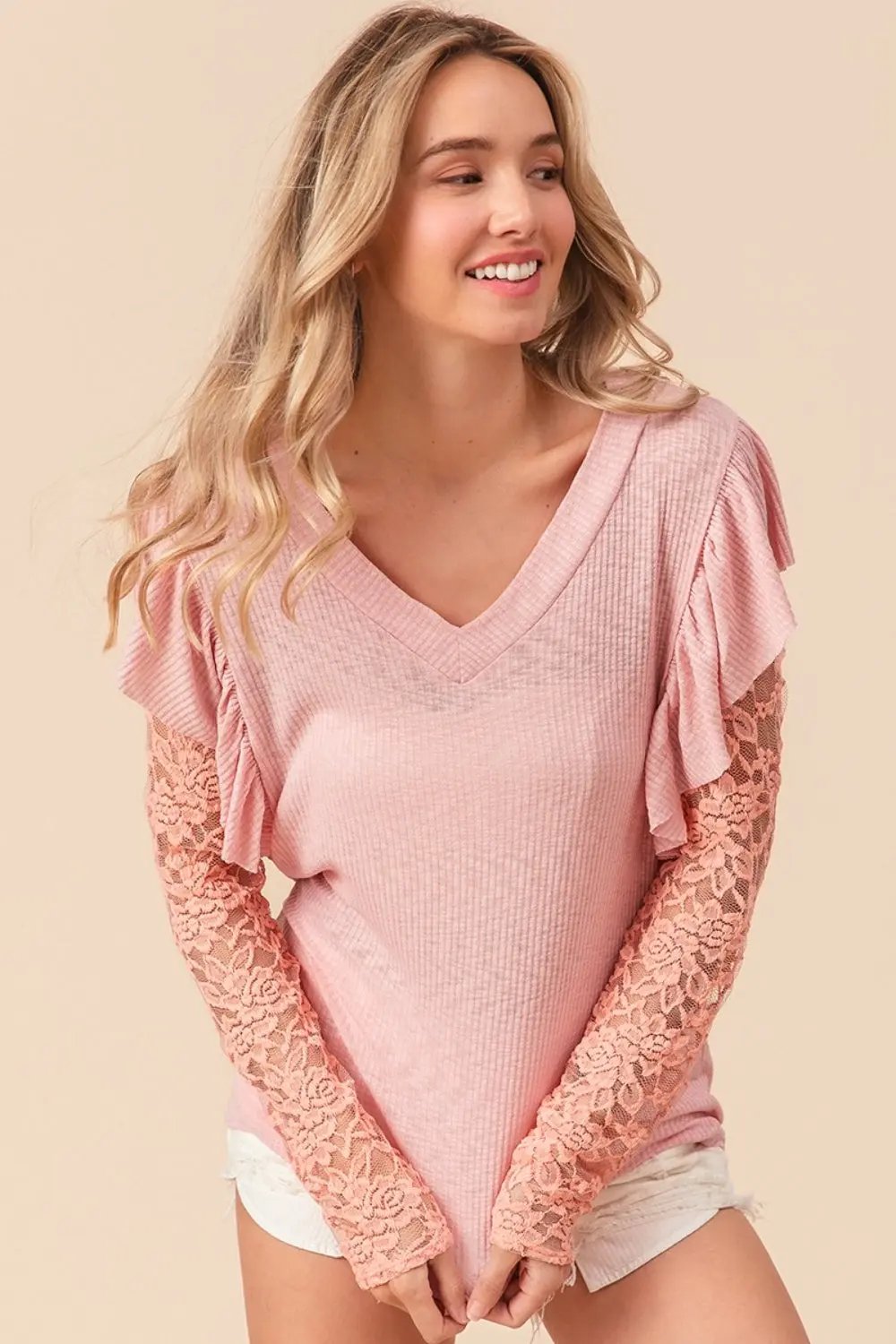 Trendsi BiBi Ruffled Lace Sleeve Rib Knit Top