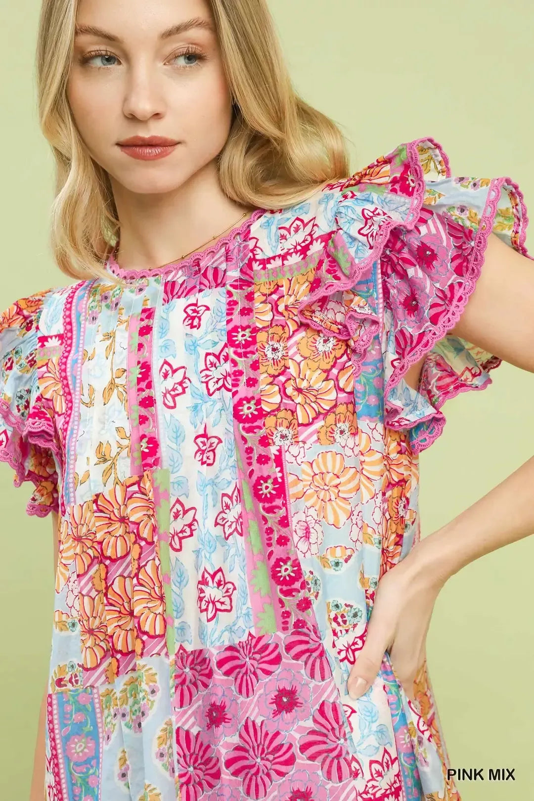 Umgee Mix Patchwork Flutter Sleeve Mini Dress