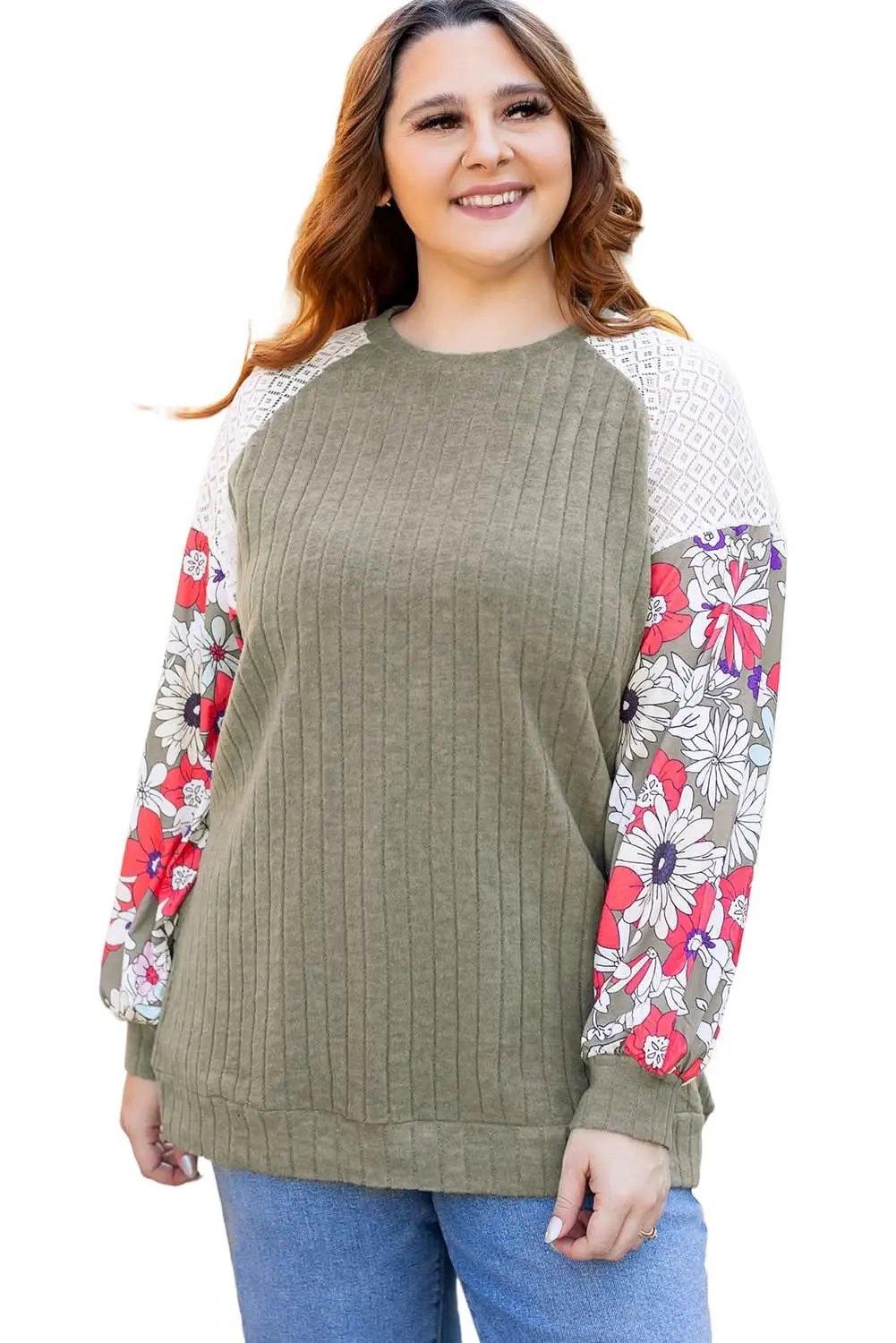Love Salve Green Floral Blouse Women's Daily Elegant Top: Plus Size, Ribbed