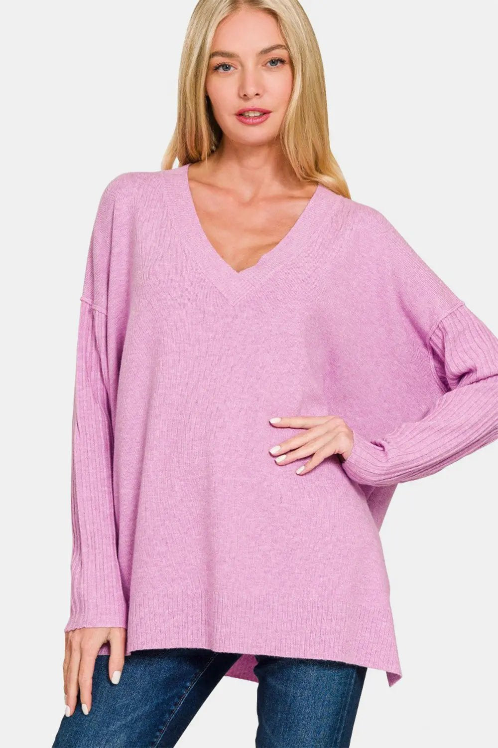 Trendsi Chic V-neck high-low sweater - Premium Quality