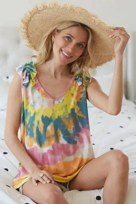 Knit Tank - Tie Dye Ruffle - V-Neck