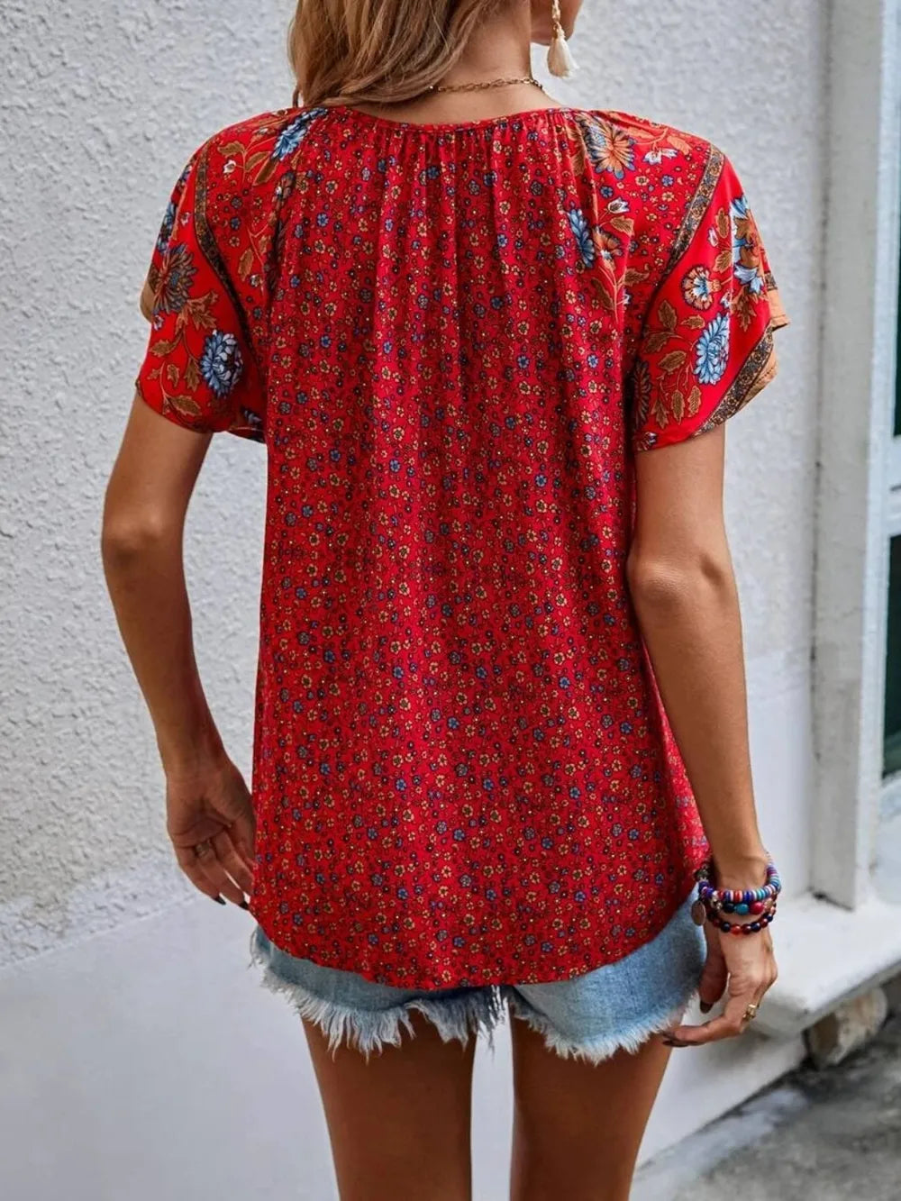 Printed Tie Neck Short Sleeve Blouse – Feminine Everyday Style