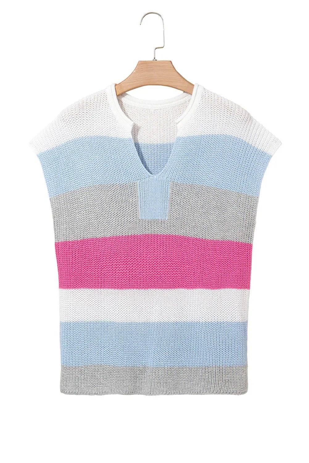 Love Salve Light Blue Color Block Women's Knit Tee: Daily Casual, V-Neck, Summer