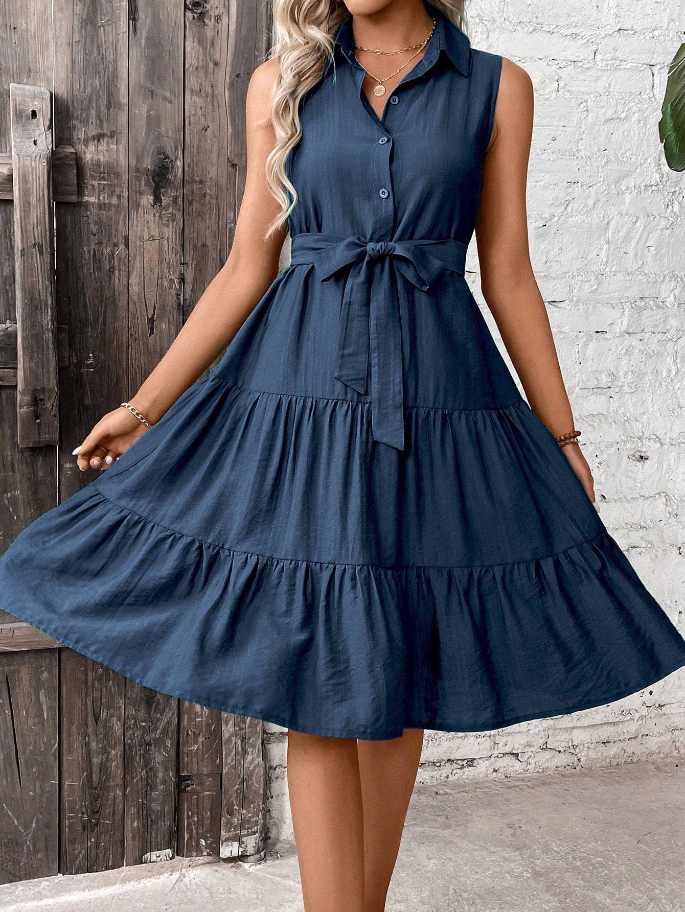 š“ Women's Ruffle Hem Belted Shirt Maxi Dress