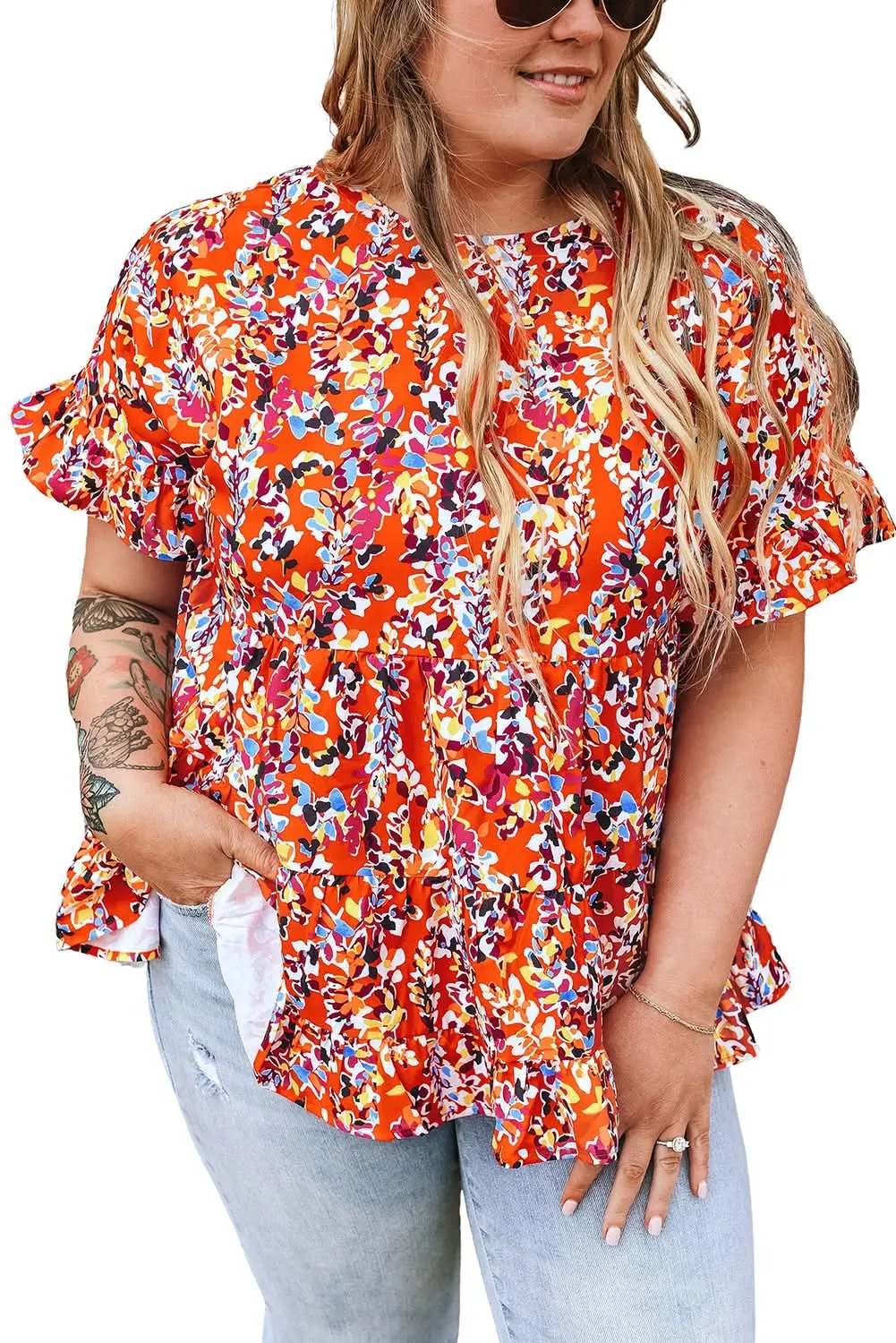 Women's Blouse - Orange Floral Ruffle Sleeve - Southern Belle Style