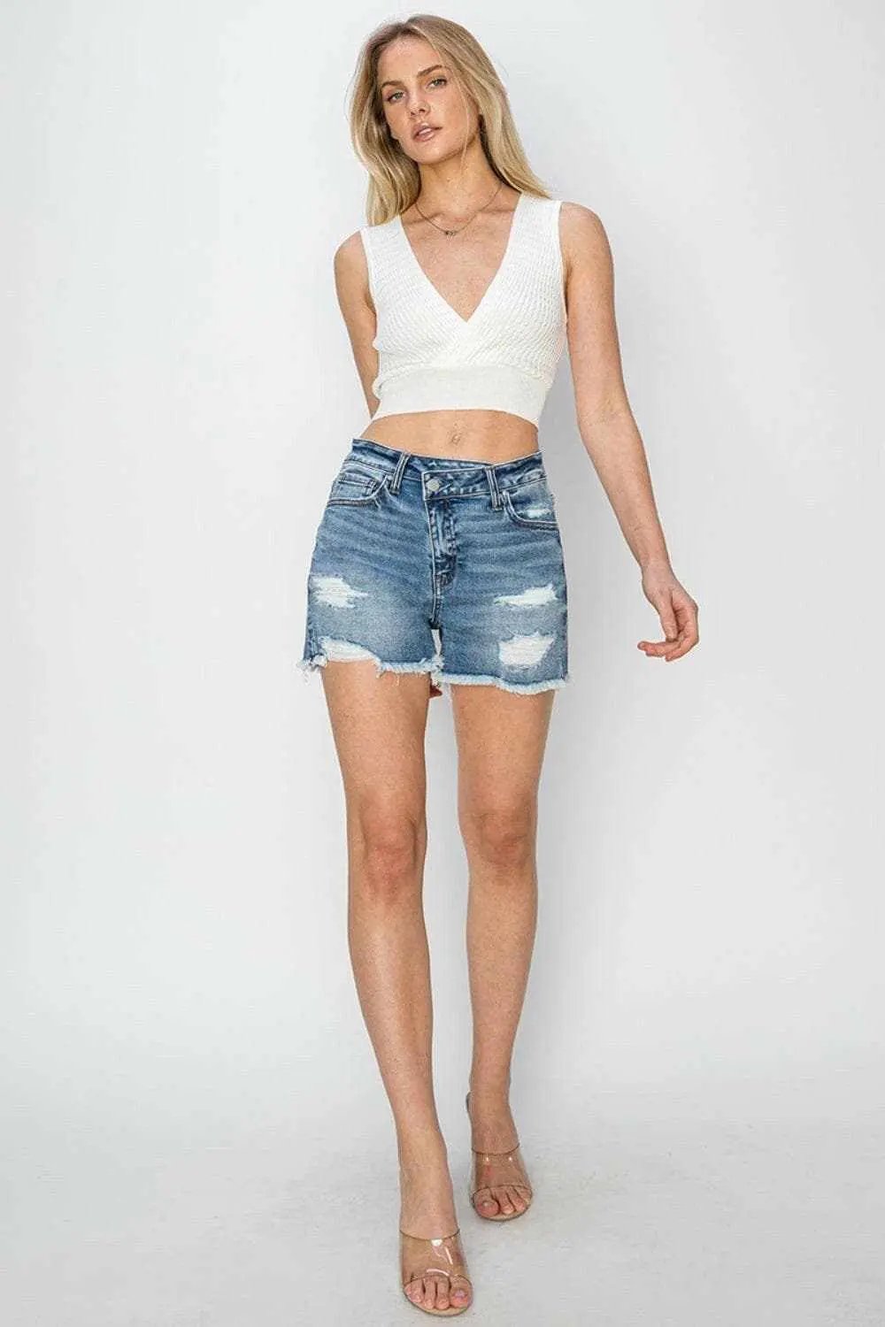Trendsi Risen Denim Shorts Women's Casual Frayed Hem Stepped Waist