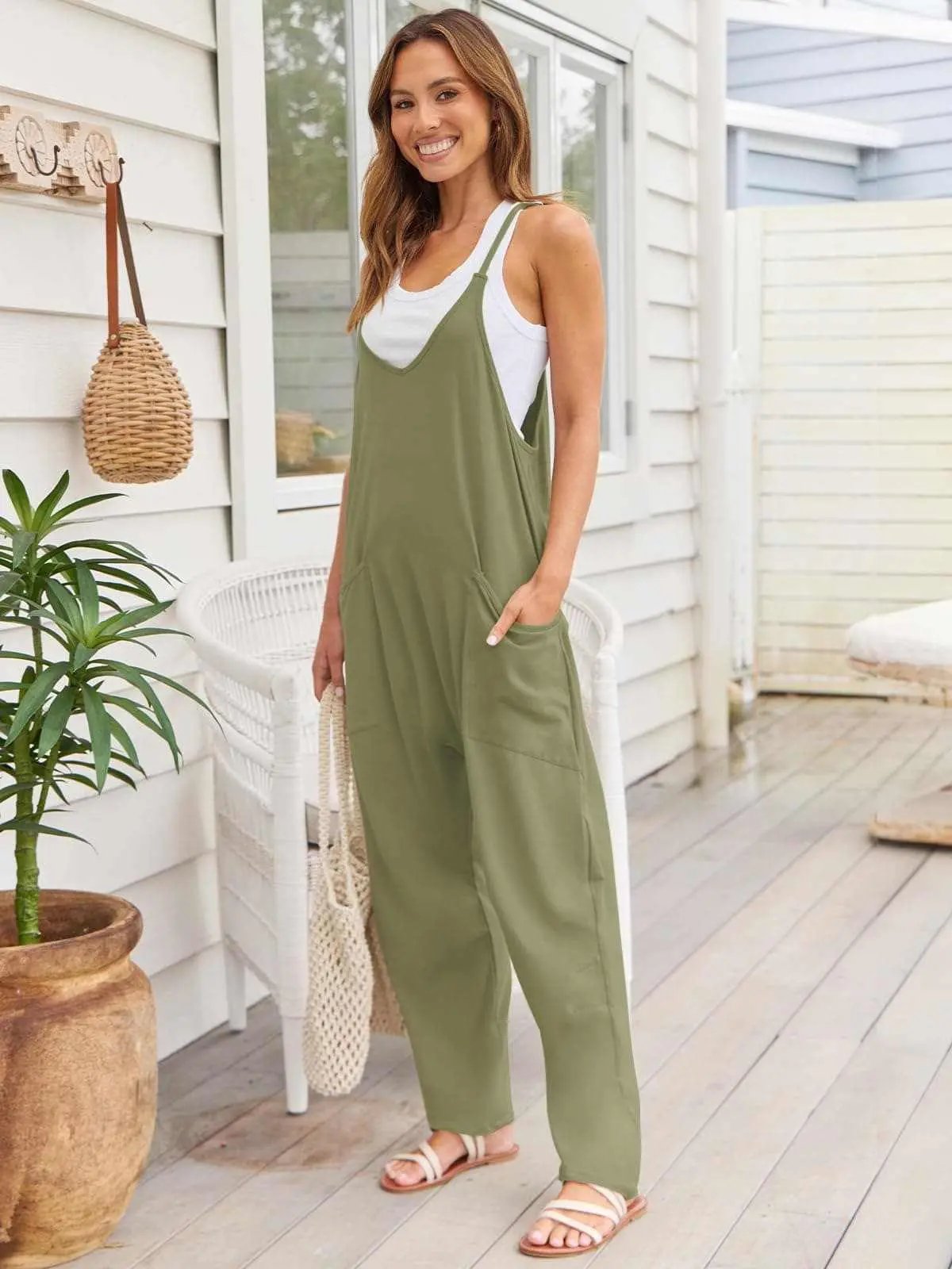 Trendsi V-Neck Jumpsuit Women's Casual Romper Comfy Pocket One-Piece