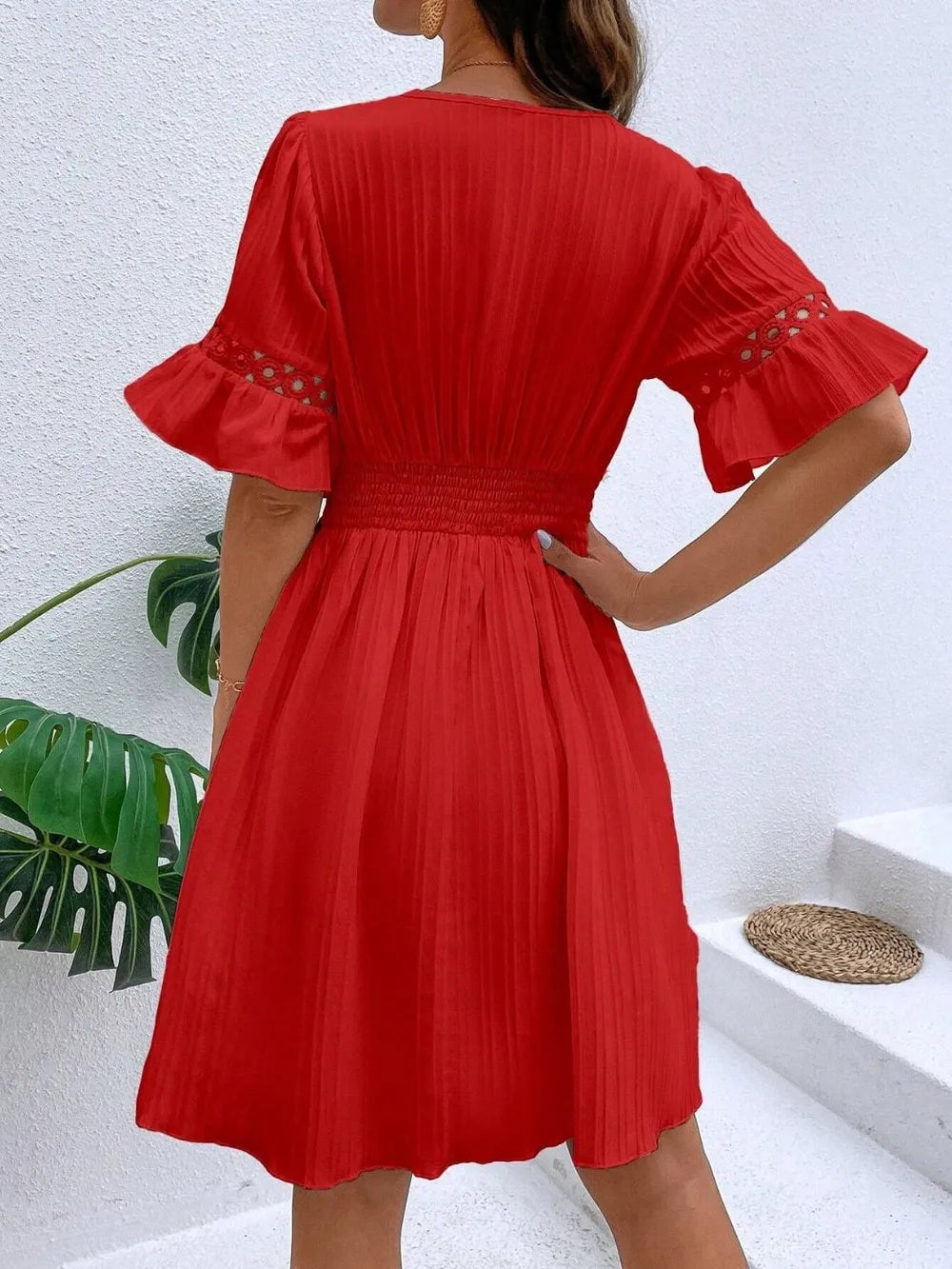 Cutout V-Neck Flounce Sleeve Mini Dress – Ruffled Lined Style