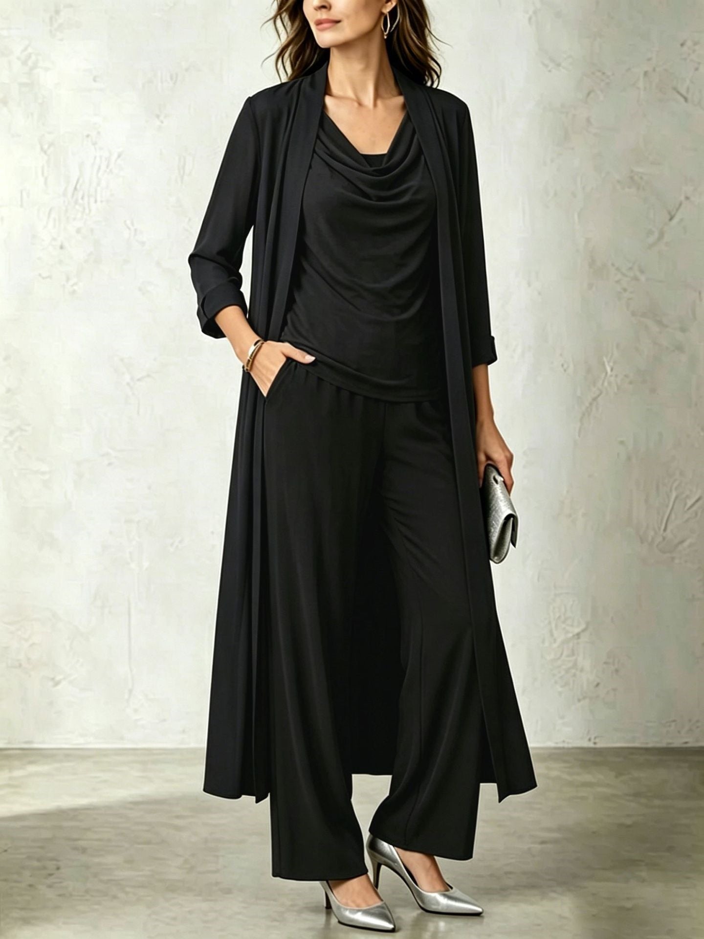 Long Sleeve Swing Collar Cardigan & Wide-Leg Pants Three-Piece Set