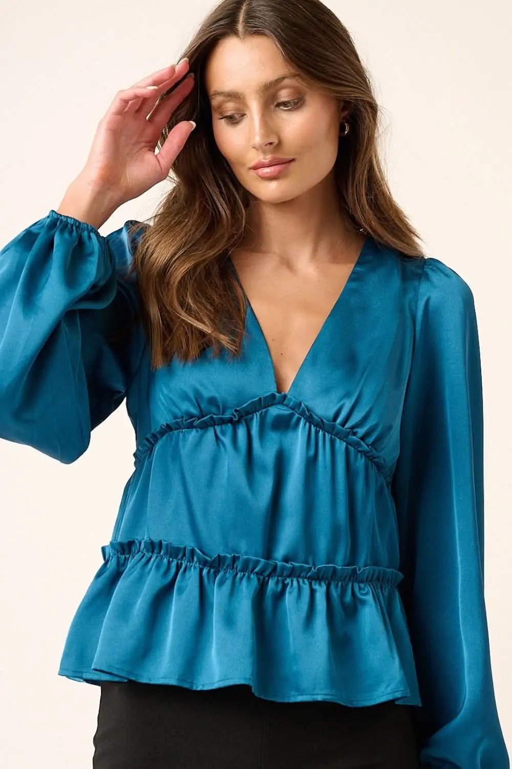 Satin Blouse - V-Neck Ruffled Tier - Elegant Office & Date Top
