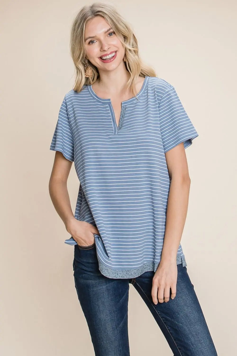 Trendsi Striped Slit Tee Women's Casual Top USA Shipped T-Shirt Soft Cotton Blend