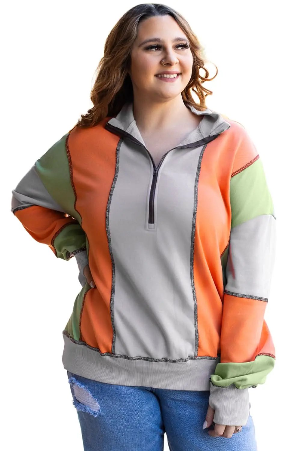 Love Salve Grey Colorblock Women's Half Zip Sweatshirt Cozy Fit Stitch Detail