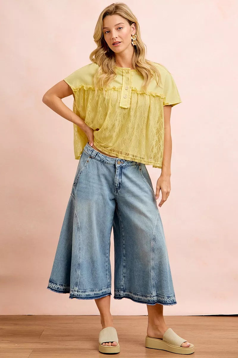 BiBi Solid Jersey With Lace Combo Ruffled Buttoned Top