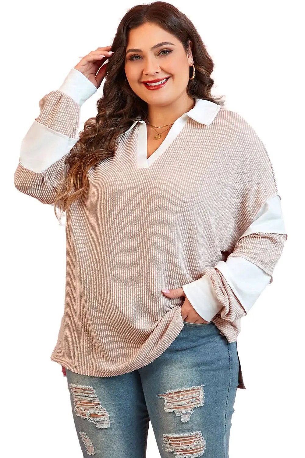 Love Salve Colorblock V-Neck Women's Casual Top: Everyday Style, Slit Detail