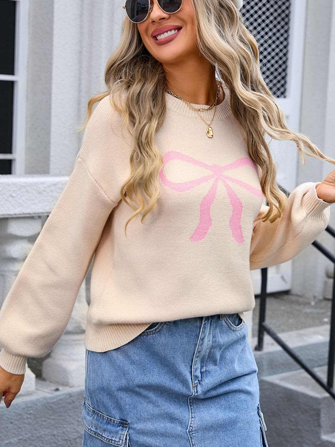 Trendsi Charming bow print long sleeve sweater