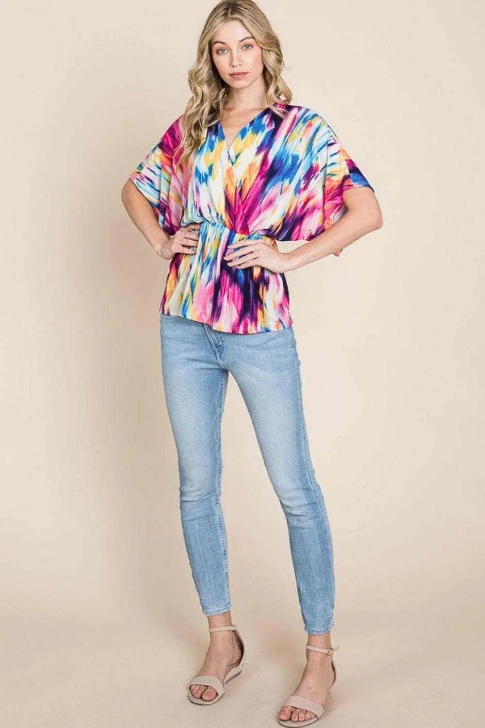 Trendsi BOMBOM Printed Surplice Peplum Blouse