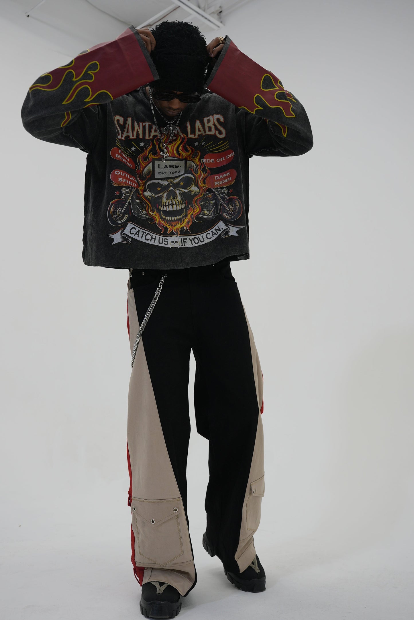 Double Wide Leg Flare Black, Cream & Red Denim