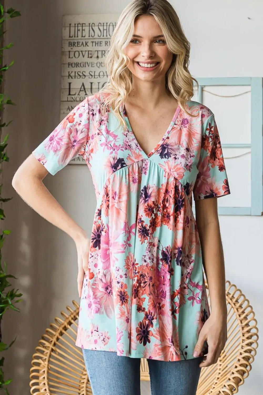 Trendsi Heimish Floral Blouse Women's V-Neck Babydoll Top Cute & Comfy