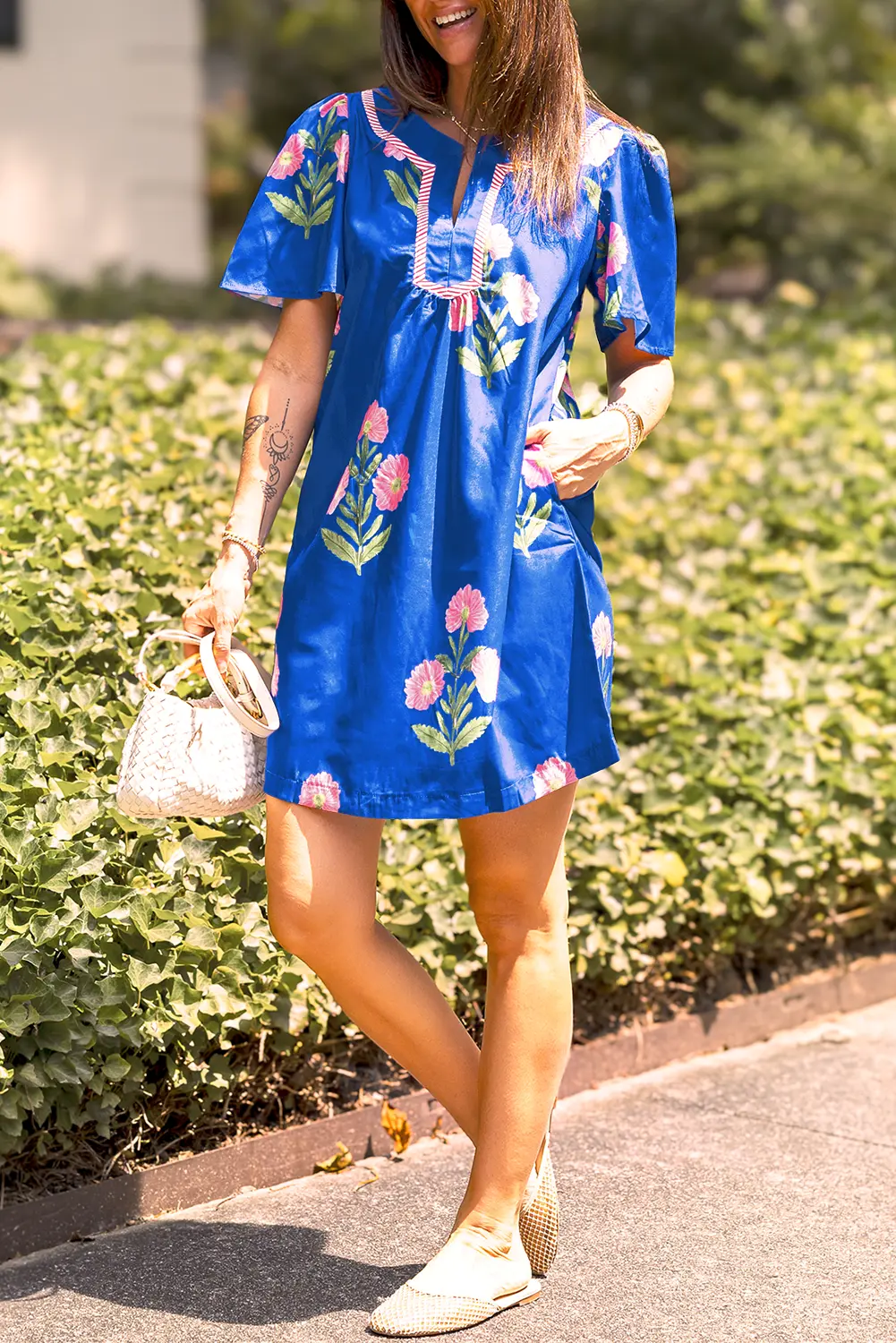 Mini Dress - Blue Floral Short Sleeve - Southern Belle Style