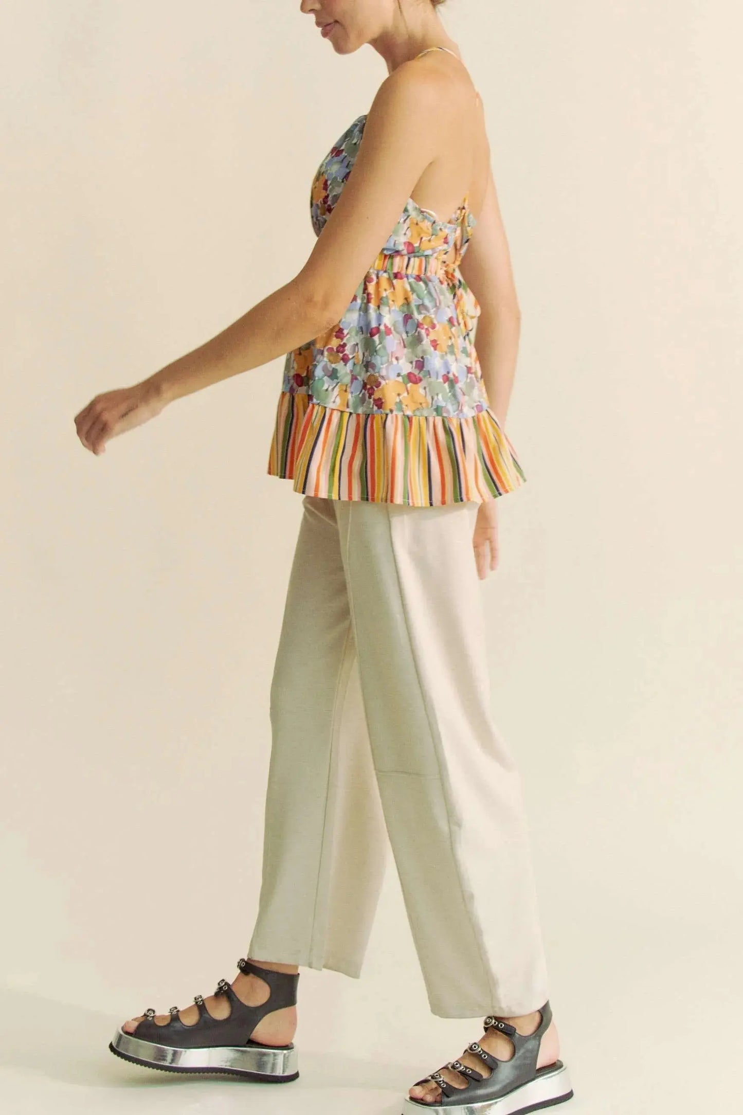 Tank Top - Floral Smocked Ruffle - Summer Casual Tie Back