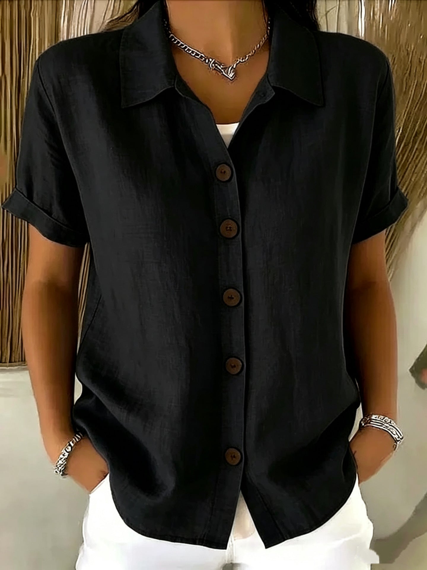 Shirt Collar Short Sleeve Button Top – Loose Fit Cotton-Linen Casual