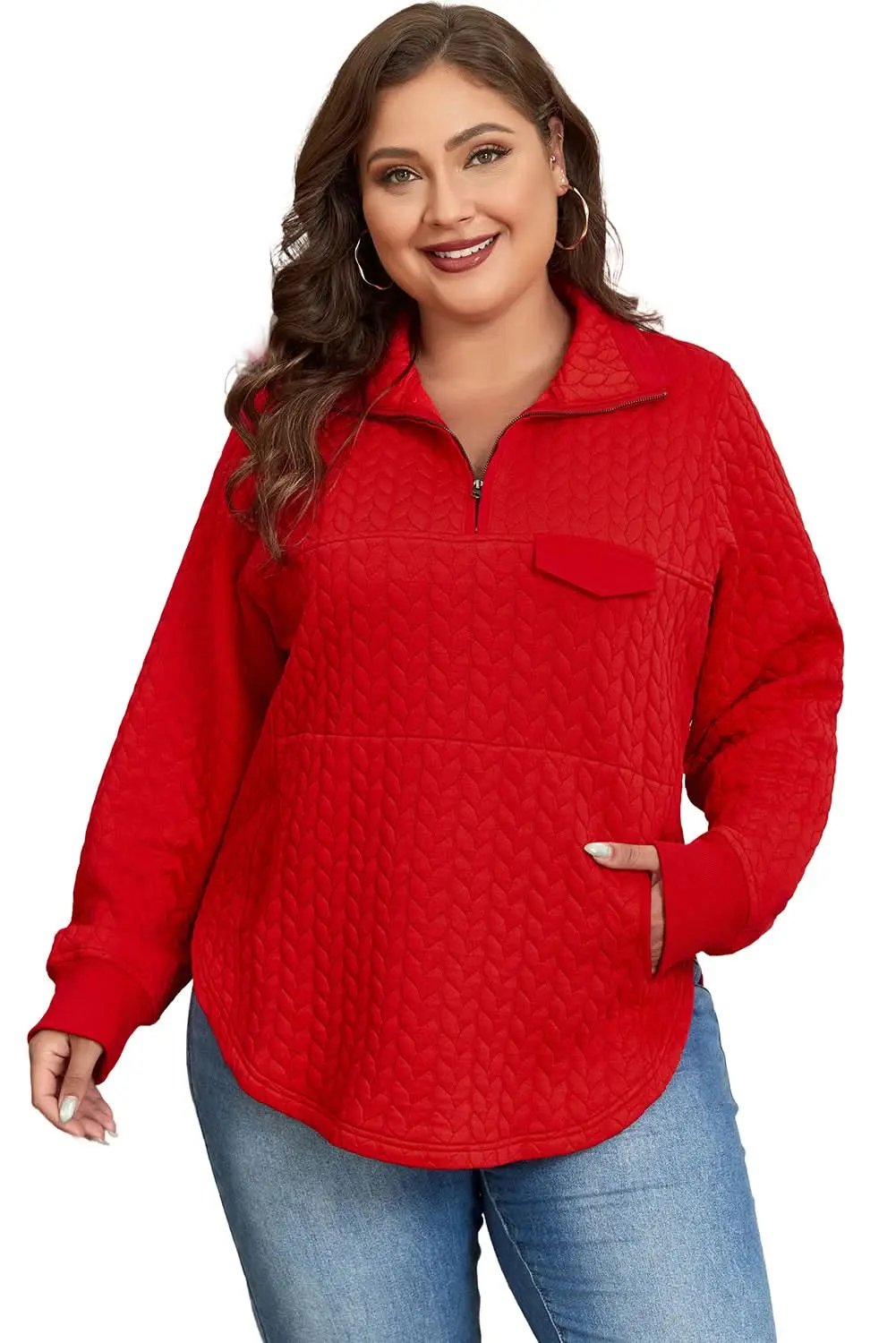 Pullover - Plus Size Tomato Red Cable Knit - Quarter Zip