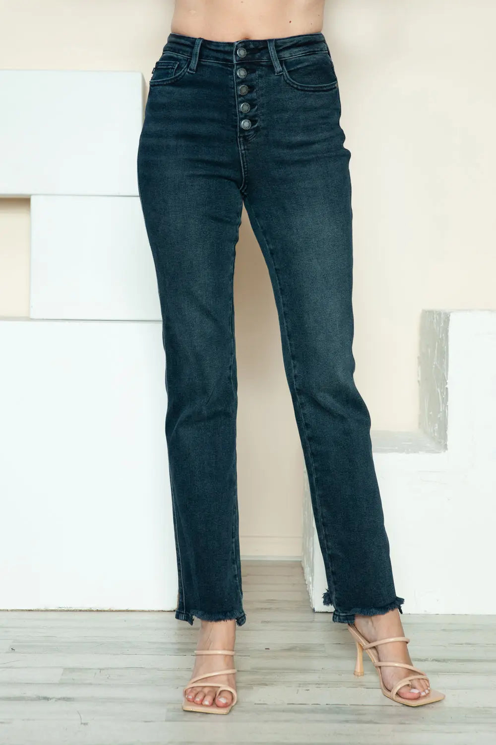 Trendsi Judy Blue Jeans + Women's Everyday Wear + Straight Leg Jeans + Button Fly & Distressed Hem