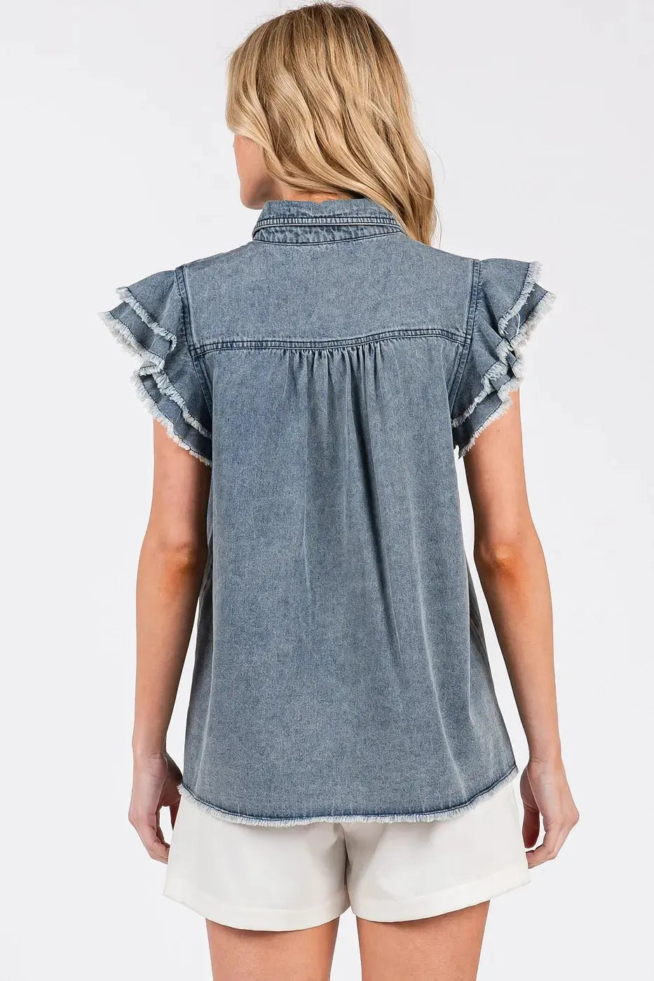 Denim Shirt - Ruffle Collared Short Sleeve - Casual Cute