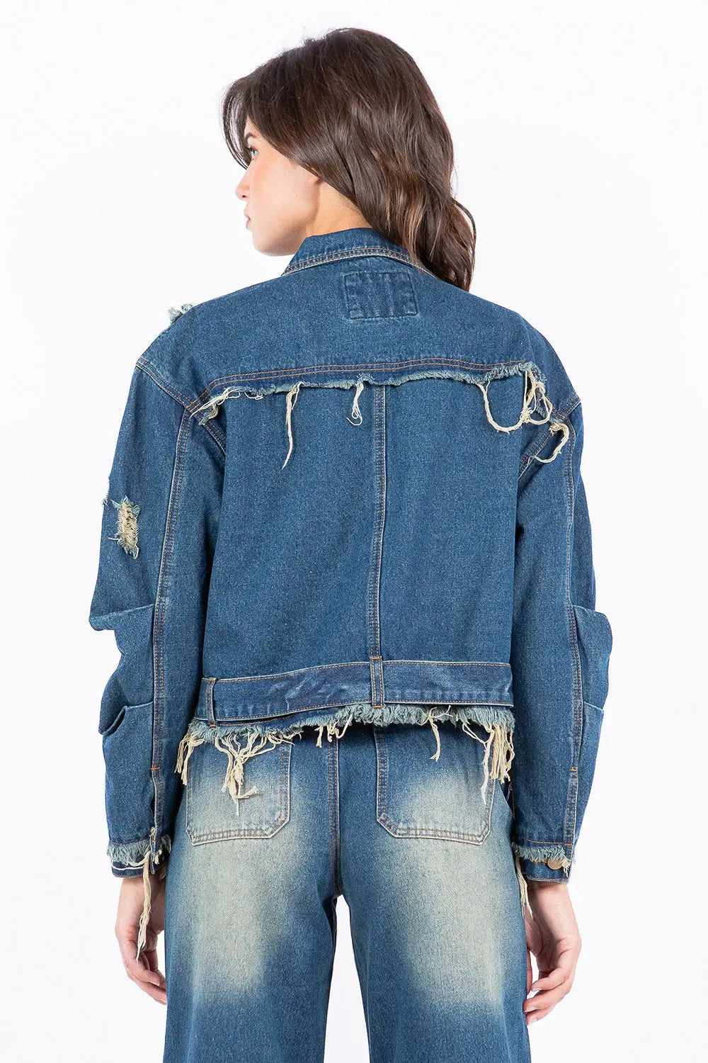 Denim Jacket - Distressed Frayed Edge Zip Up - Plus Size