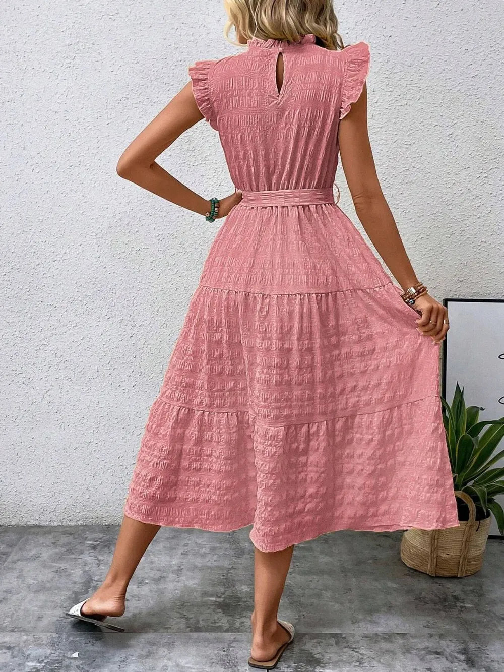 Tied Ruffled Cap Sleeve Midi Dress – Feminine Flowy Style