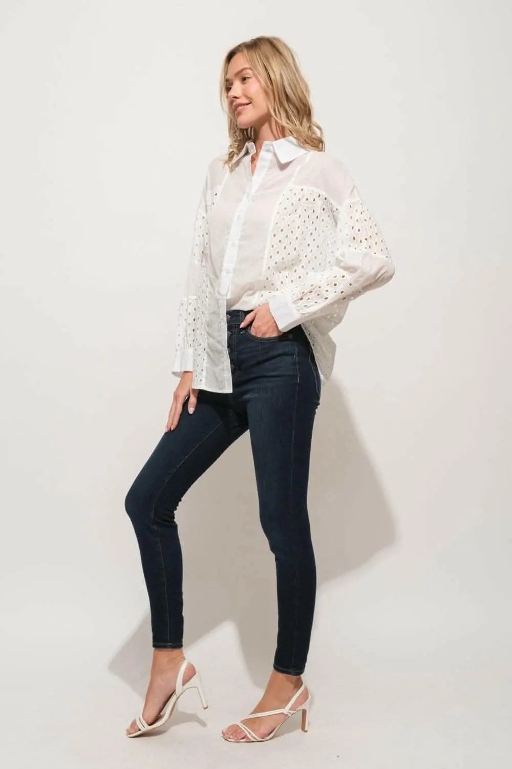 Trendsi And The Why Eyelet Long Sleeve Button Down Shirt - USA Design,