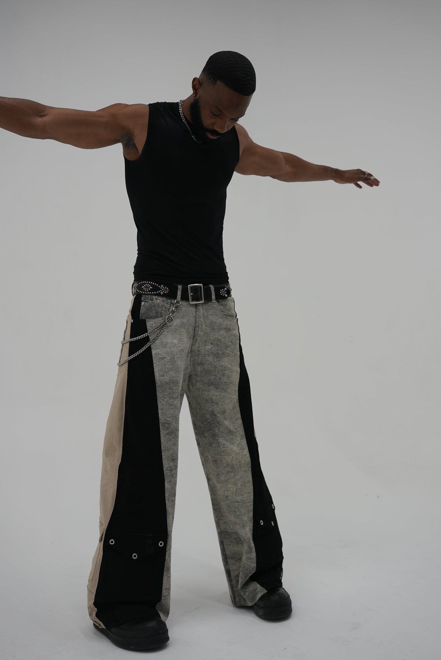 Double Wide Leg Flare Stone Wash Grey, Black, & Cream Denim