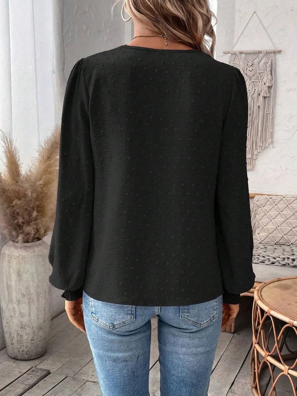 Swiss Dot Lace Detail Notched Long Sleeve Blouse – Feminine Style