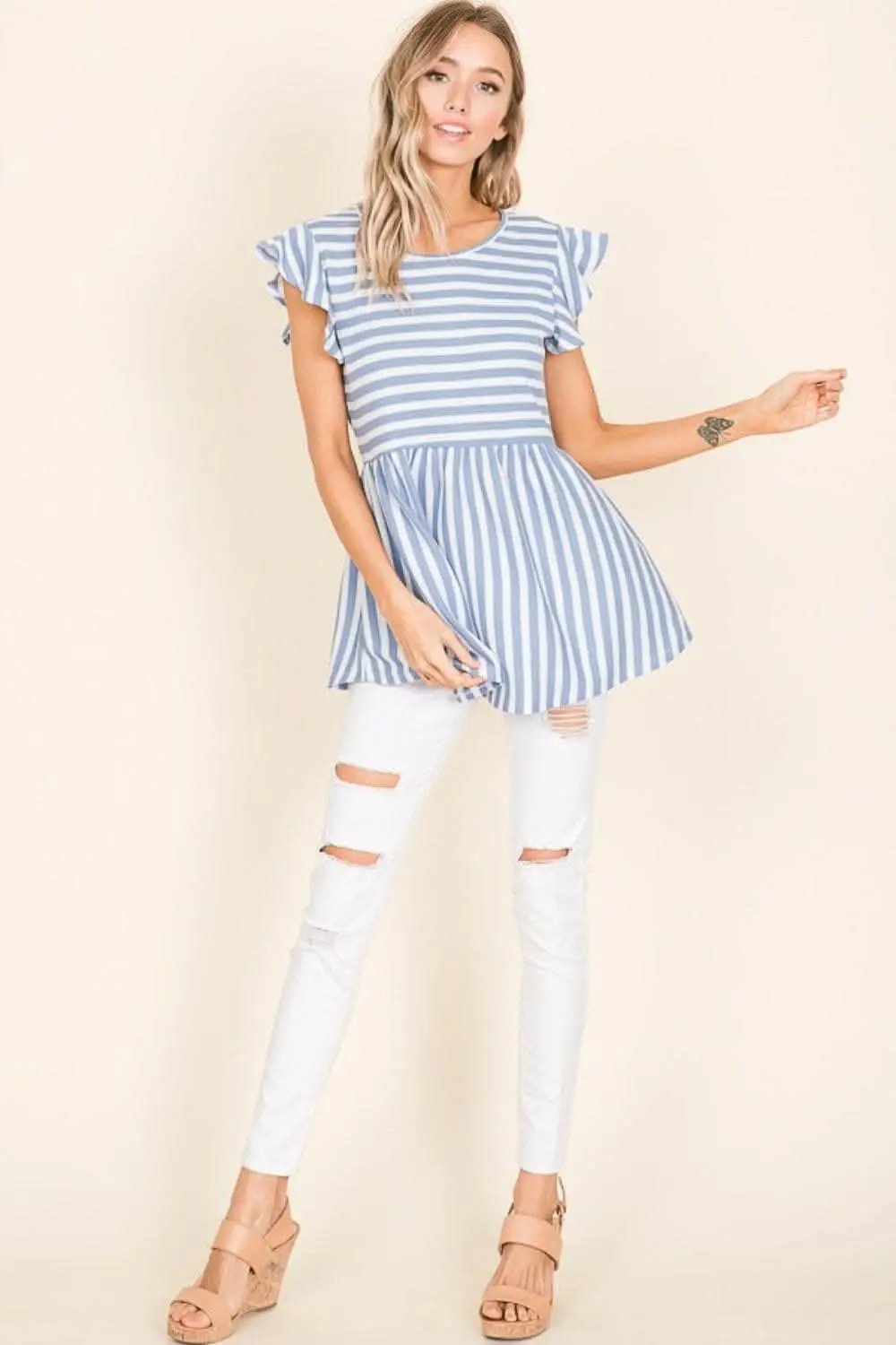 Trendsi BOMBOM Striped Round Neck Blouse