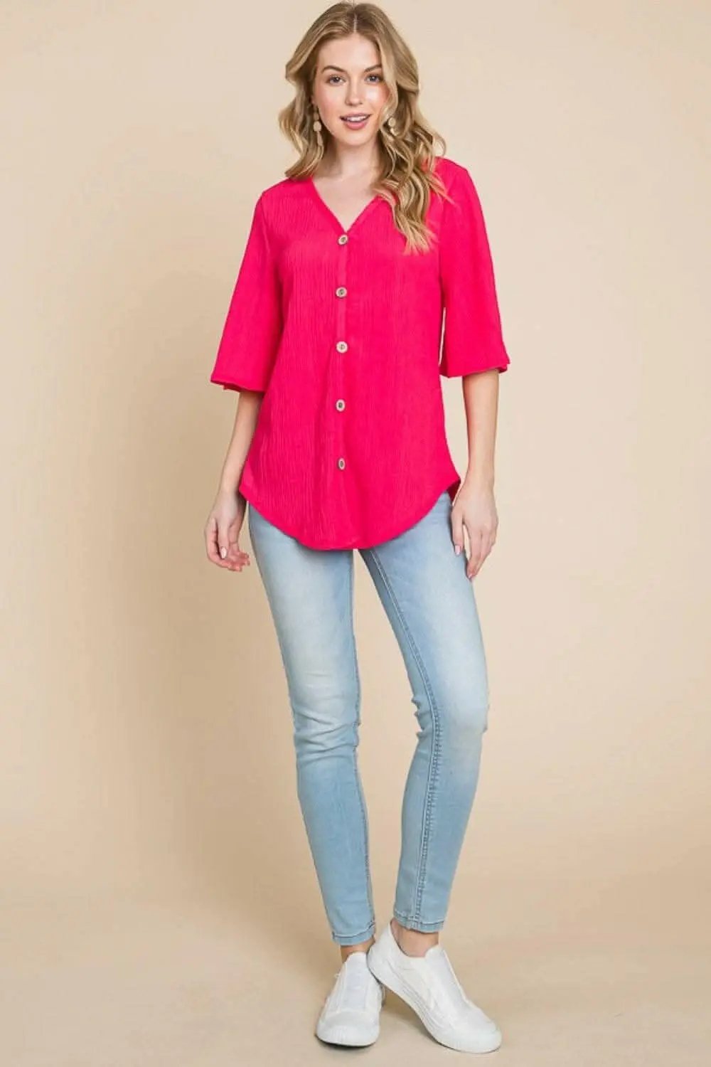 Trendsi just arrived - BOMBOM Texture Decorative Button V-Neck Top