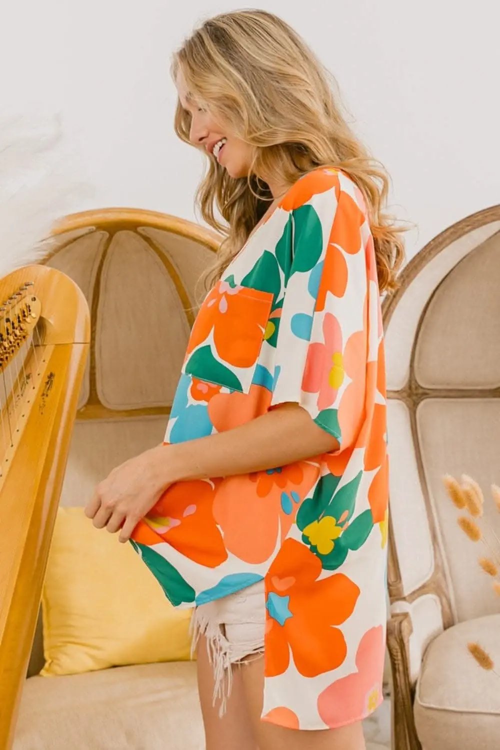 Trendsi BiBi Floral V Neck Slit Side T-Shirt